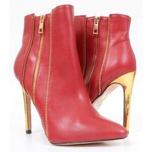Nicole Miller Zippo Red Gold Stiletto Heel Zippered Ankle Bootie Women's 8.5